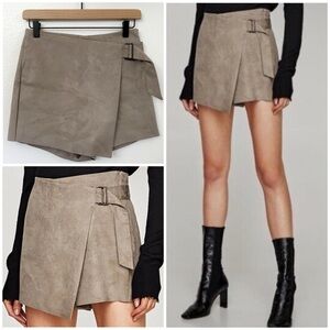 EUC Zara Basics Faux Suede Asymmetric Wrap Skort, Taupe, XS